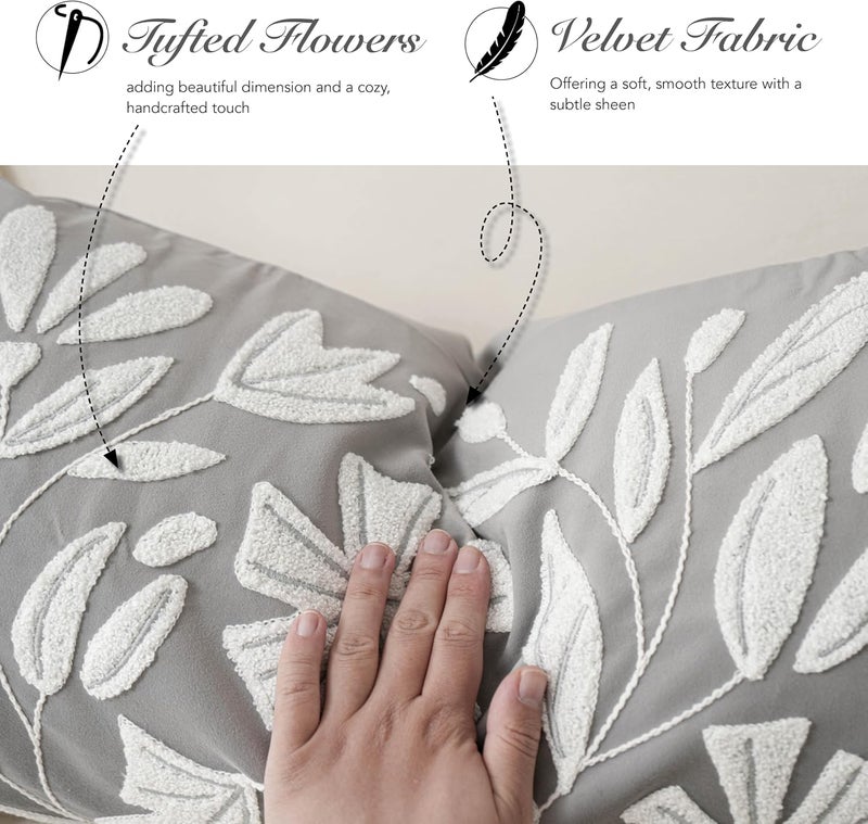 BlissBlush غطاء وسادة أسفل الظهر بألوان رمادية وزهورية من ، مقاس 12x20 بوصة، بتصميم مستطيل وبلون أزرق فاتح، مزين بنقوش زهورية دقيقة، من الحرير، بلون بيج ورقي، مع نقوش زهورية ناعمة (الغطاء فقط). - Image 4