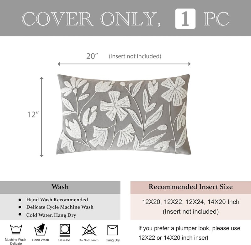 BlissBlush غطاء وسادة أسفل الظهر بألوان رمادية وزهورية من ، مقاس 12x20 بوصة، بتصميم مستطيل وبلون أزرق فاتح، مزين بنقوش زهورية دقيقة، من الحرير، بلون بيج ورقي، مع نقوش زهورية ناعمة (الغطاء فقط). - Image 5