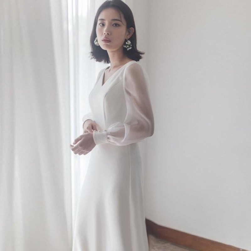 Travel Pography Light Wedding Dress Forest Style Super Fairy Simple White Satin Evening Dress Women'S Wedding Outing Gauze Long Sleeves - Image 4