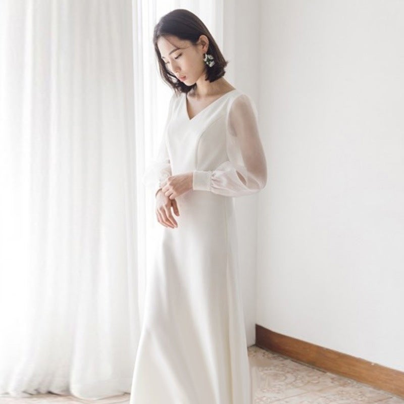 Travel Pography Light Wedding Dress Forest Style Super Fairy Simple White Satin Evening Dress Women'S Wedding Outing Gauze Long Sleeves - Image 3