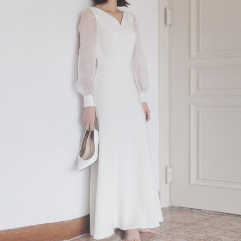 Travel Pography Light Wedding Dress Forest Style Super Fairy Simple White Satin Evening Dress Women'S Wedding Outing Gauze Long Sleeves - Image 1