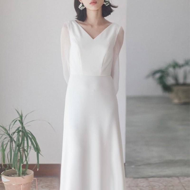 Travel Pography Light Wedding Dress Forest Style Super Fairy Simple White Satin Evening Dress Women'S Wedding Outing Gauze Long Sleeves - Image 2