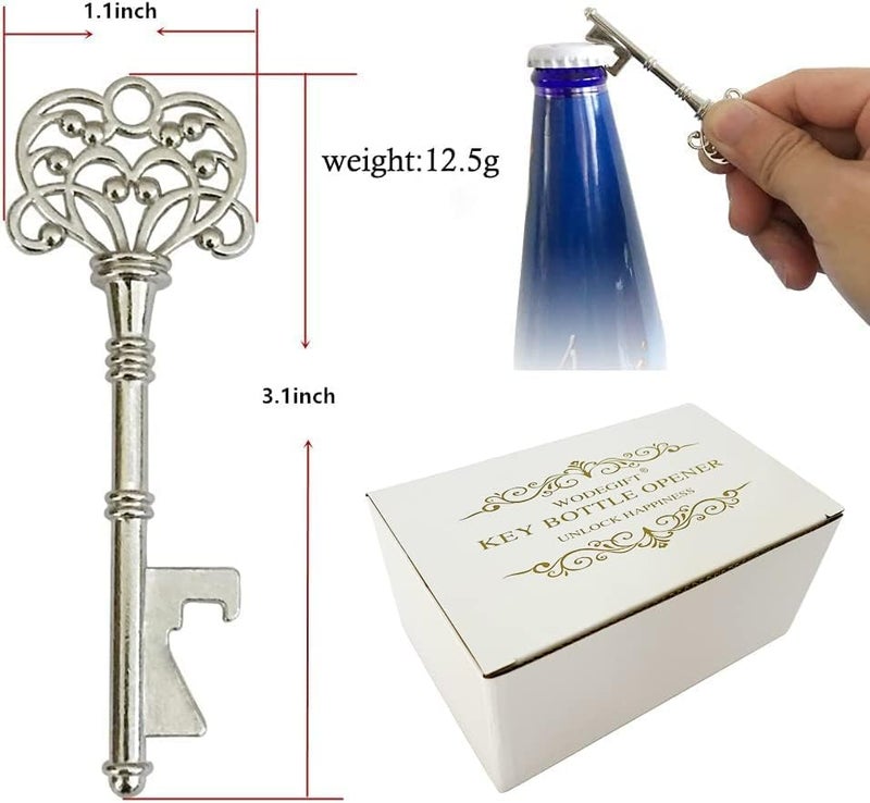 WODEGIFT 100 PCS Wedding Favors Bottle Opener,Wedding Gifts for Guest Vintage Skeleton Key Opener,Key Openers with Escort Tag Cards and Chains (Silver) - Image 3