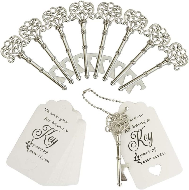 WODEGIFT 100 PCS Wedding Favors Bottle Opener,Wedding Gifts for Guest Vintage Skeleton Key Opener,Key Openers with Escort Tag Cards and Chains (Silver) - Image 2