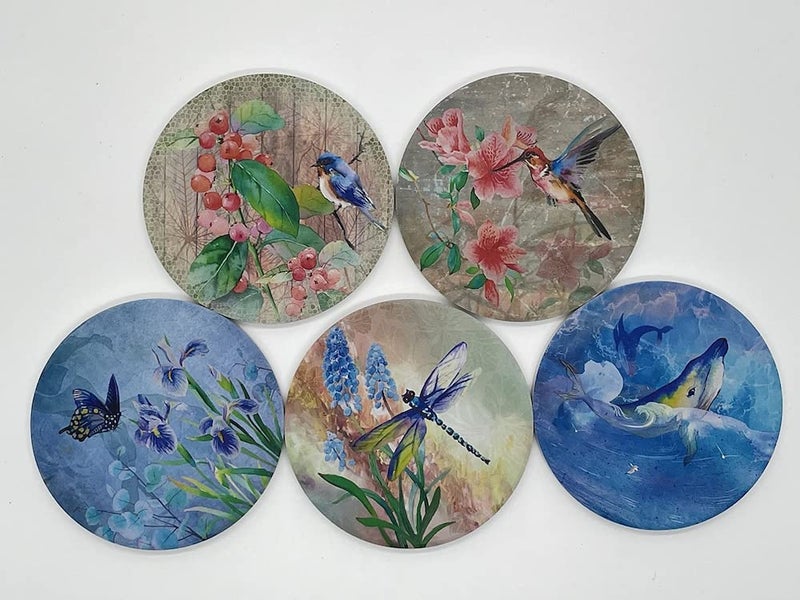 Trinsi Coasters for Drinks Set of 10 Absorbent Ceramic Stone Coasters Natures with Cork Back 5 Designs