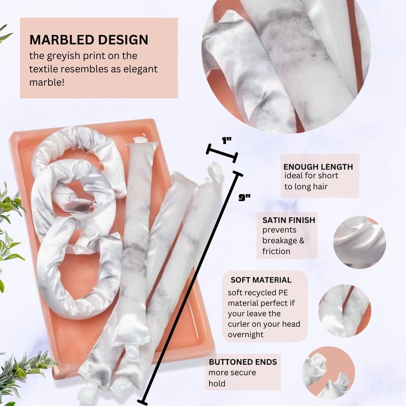 Kitsch Satin Pillow Rollers For Hair - Soft Rollers For Hair  Softer Than Silk Rollers For Hair Styling  Flexible Curling Rod  Satin Rollers For All Hair Types  Heatless Satin Hair Curler - 6Pc Marble - Image 2