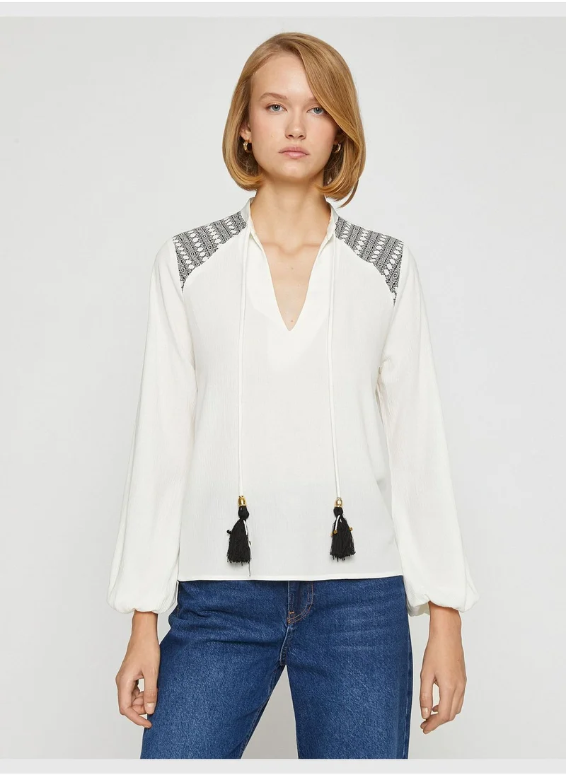 KOTON Ethnic Patterned Blouse Tassel Detail