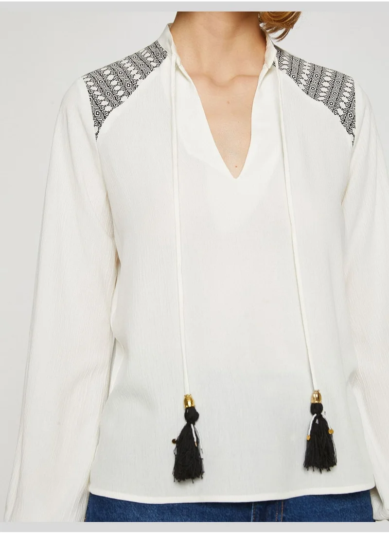 KOTON Ethnic Patterned Blouse Tassel Detail