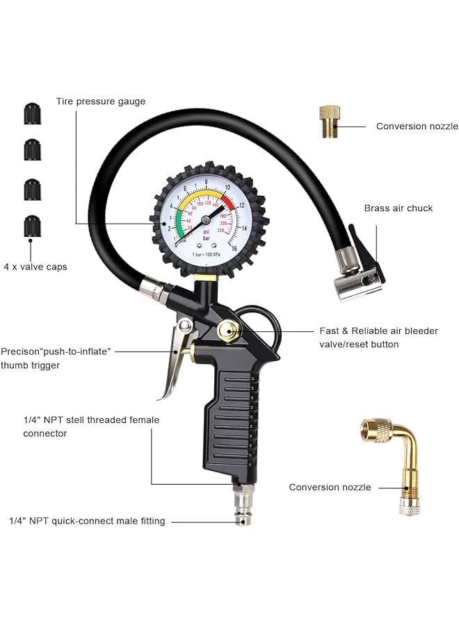 Linjie Tire Pressure Gauge，Gauge With Inflator，Heavy Duty Air Chuck And Compressor Accessories With Rubber Hose And Quick Connect Coupler, For Trucks, Cars, Motorcycles, Bicycles - Image 2