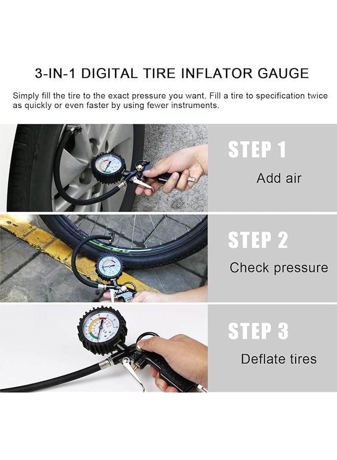 Linjie Tire Pressure Gauge，Gauge With Inflator，Heavy Duty Air Chuck And Compressor Accessories With Rubber Hose And Quick Connect Coupler, For Trucks, Cars, Motorcycles, Bicycles - Image 4