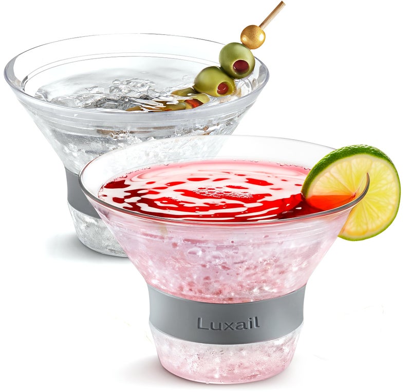 luxail Martini Glasses, Plastic Reusable Insulated Freeze Martini Cooling Cups, Gel Chiller, Double Wall Stemless Martini Glasses Set of 2, 9 Oz Capacity, Martini Gifts, 2 Reusable Cocktail Straws - Image 1