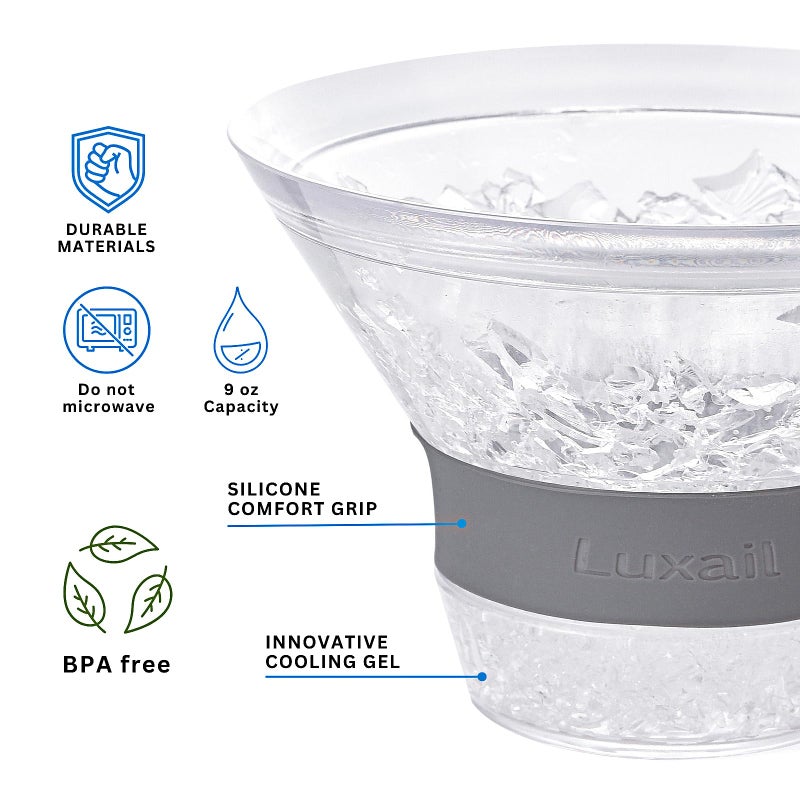 luxail Martini Glasses, Plastic Reusable Insulated Freeze Martini Cooling Cups, Gel Chiller, Double Wall Stemless Martini Glasses Set of 2, 9 Oz Capacity, Martini Gifts, 2 Reusable Cocktail Straws - Image 2