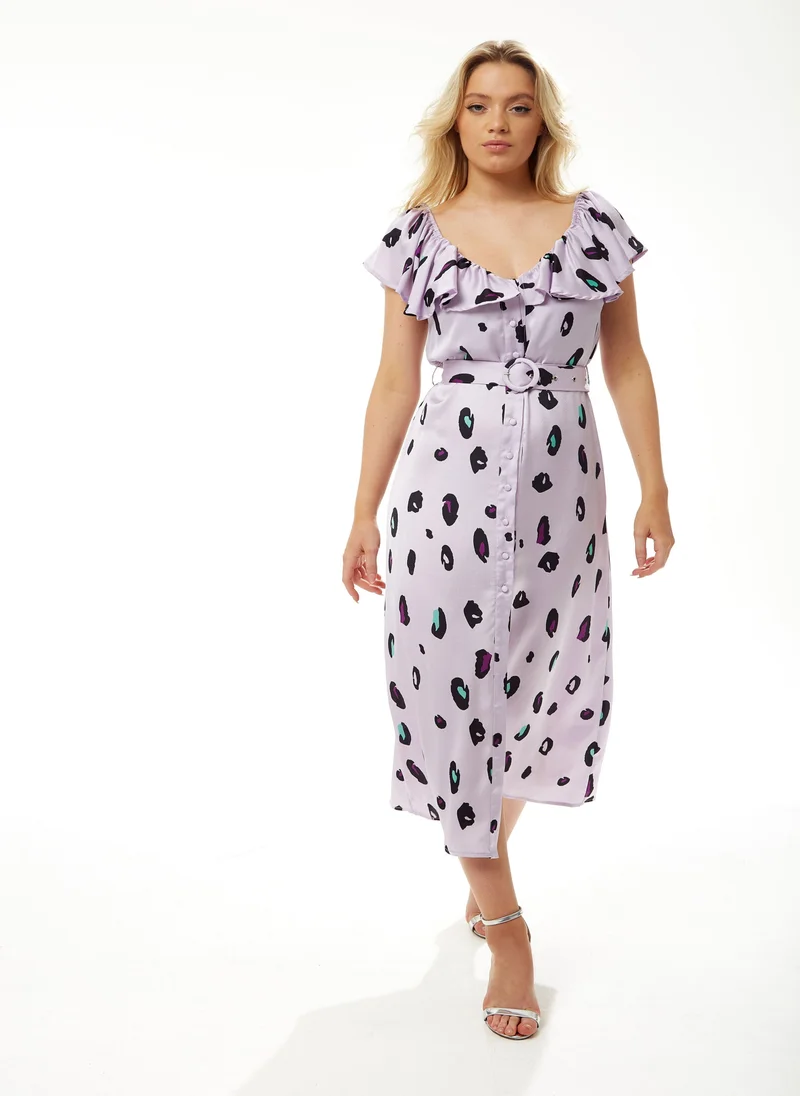 Liquorish Off Shoulder Dress in Lilac Animal Print