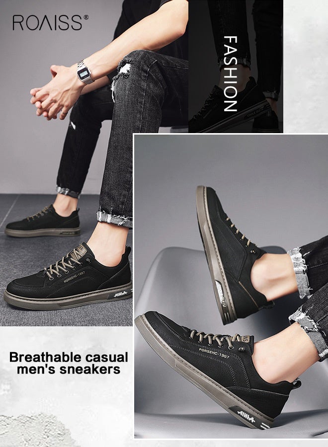 roaiss Men's Comfortable and Breathable Loafers Versatile and Trendy Non-slip and Wear-Resistant Casual Sneakers Retro Simple Solid Color Shoes for Daily Wear Lightweight Casual Shoes Black - Image 3