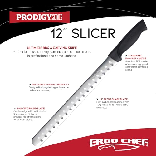 Ergo Chef سكين تقطيع اللحم الحادة 12 بوصة من إيرغو شيف برويديجي سيريس – شفرة من الفولاذ المقاوم للصدأ عالي الكربون، مقبض مريح غير قابل للانزلاق لتقطيع اللحم البقري، الديك الرومي، لحم الخنزير، والضلوع الممتازة. - Image 2