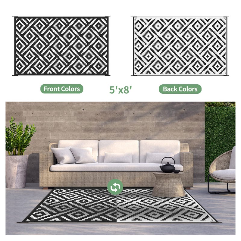 GENIMO 5x8 Outdoor Rug Waterproof, Reversible Mats, Outdoor Area Rug, Plastic Outside Carpet, Geometric Rv Mat for Patio Camping Rv Picnic Backyard Deck Balcony Porch Beach Trailer (Black & White) - Image 4