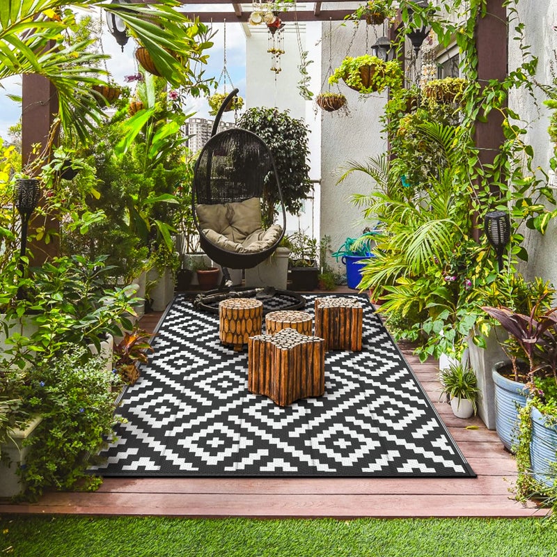 GENIMO 5x8 Outdoor Rug Waterproof, Reversible Mats, Outdoor Area Rug, Plastic Outside Carpet, Geometric Rv Mat for Patio Camping Rv Picnic Backyard Deck Balcony Porch Beach Trailer (Black & White) - Image 3