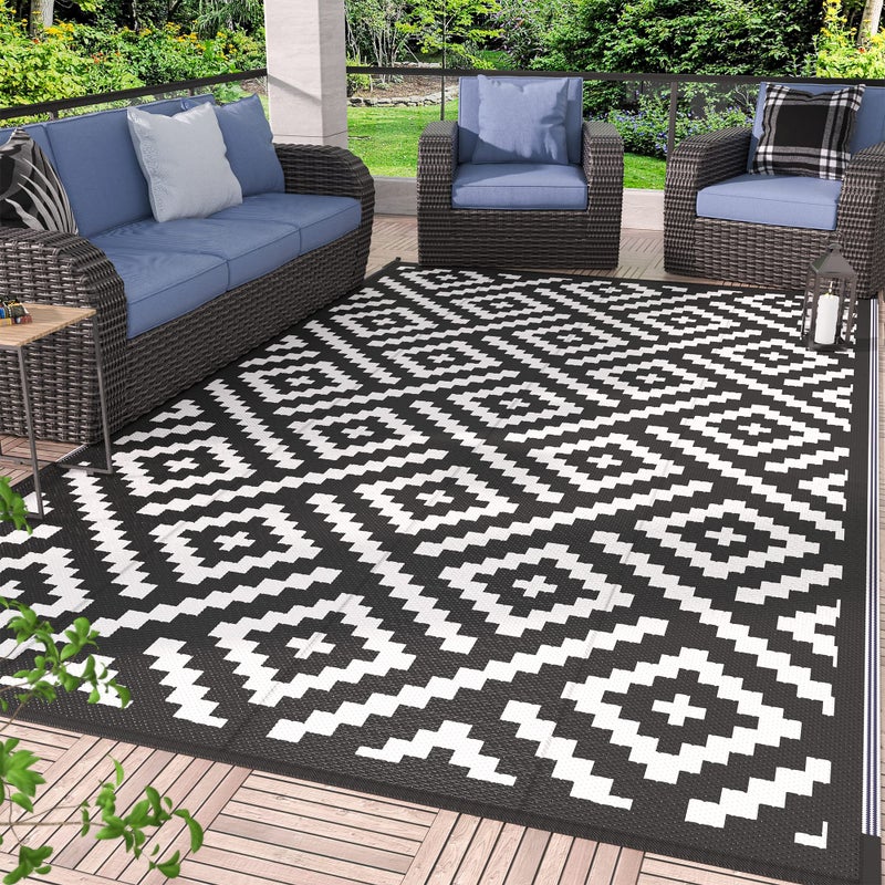 GENIMO 5x8 Outdoor Rug Waterproof, Reversible Mats, Outdoor Area Rug, Plastic Outside Carpet, Geometric Rv Mat for Patio Camping Rv Picnic Backyard Deck Balcony Porch Beach Trailer (Black & White) - Image 1