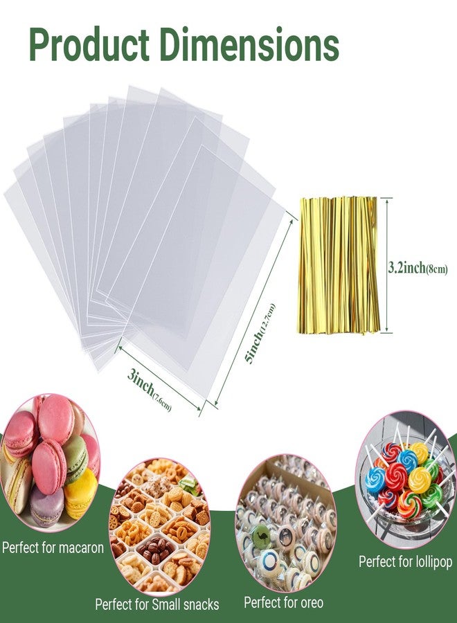 TEMLQPACK 3x5 Inch Cellophane Treat Bags 100 Pcs with 100 Twist Ties - OPP Plastic Bags for Oreo Lollipop, Candy, Chocolate, Cookie & Cake Pop Wrapping Buffet - Image 3