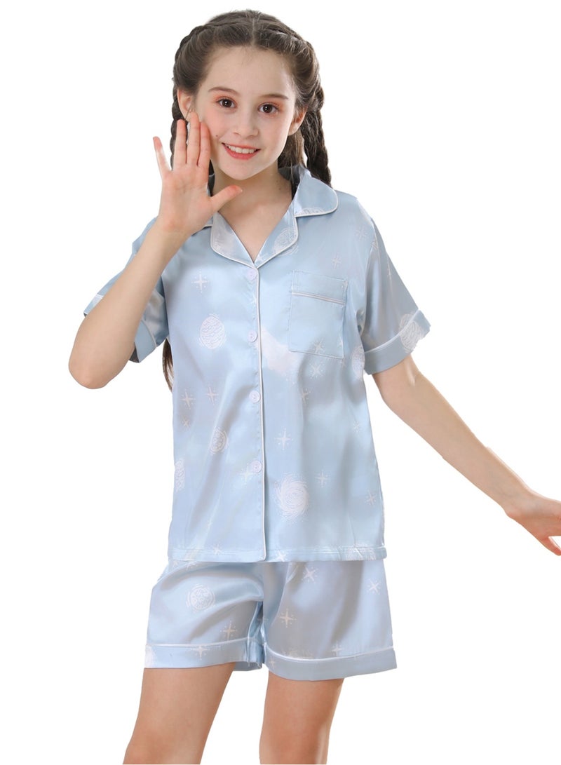 RuanMM girl Silky Satin Pajamas Set children's Nightwear Pj Sets Sleepwear Blue with white planet - Image 1