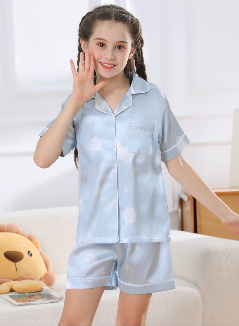 RuanMM girl Silky Satin Pajamas Set children's Nightwear Pj Sets Sleepwear Blue with white planet - Image 2