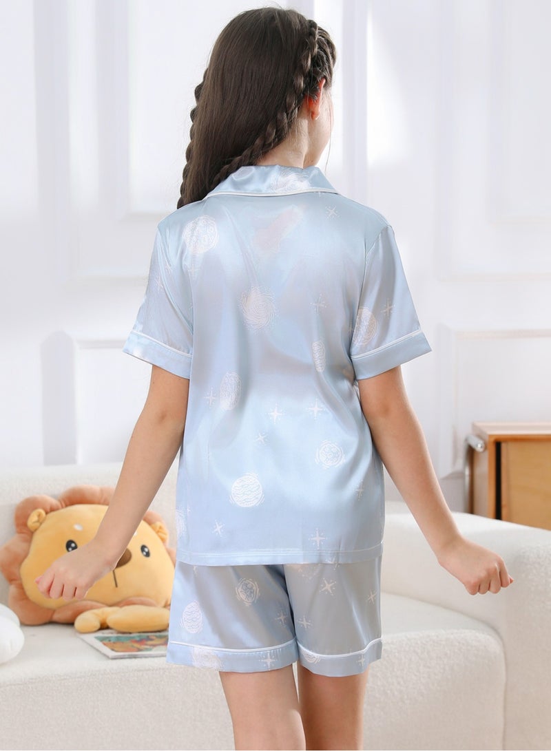 RuanMM girl Silky Satin Pajamas Set children's Nightwear Pj Sets Sleepwear Blue with white planet - Image 4