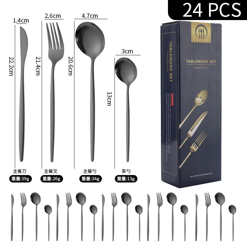 24-Piece Stainless Steel Western Dinnerware Set with Gold-Finish Storage Rack - Perfect Gift for Adults