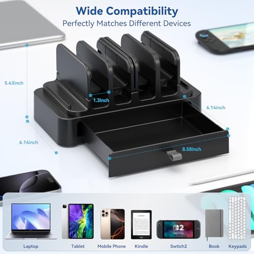 KDD Vertical Laptop Stand with Drawer - 7-in-1 Space-Saving Laptop Holder with Gravity Locking Fits MacBook, Dell, HP, Chromebook, Surface Pro, Tablet, Cell Phone, Switch, Keyboard Desktop Organizer - Image 5