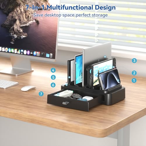 KDD Vertical Laptop Stand with Drawer - 7-in-1 Space-Saving Laptop Holder with Gravity Locking Fits MacBook, Dell, HP, Chromebook, Surface Pro, Tablet, Cell Phone, Switch, Keyboard Desktop Organizer - Image 2