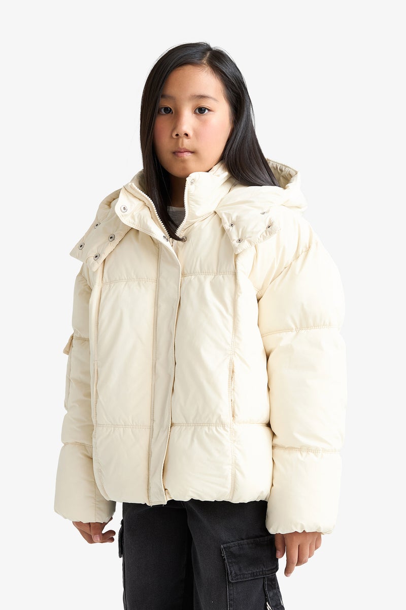 DeFacto Beige Girl Girl Hooded Zippered Puffer Jacket Casual - Image 3