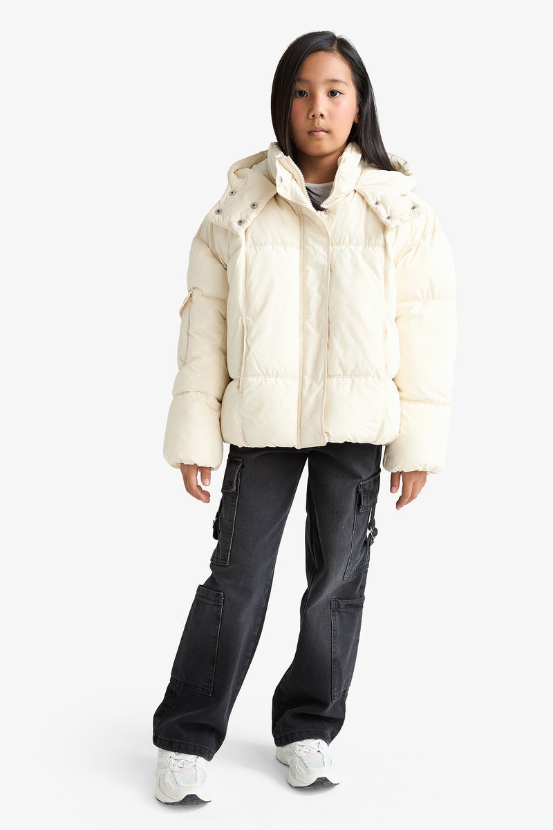 DeFacto Beige Girl Girl Hooded Zippered Puffer Jacket Casual - Image 2
