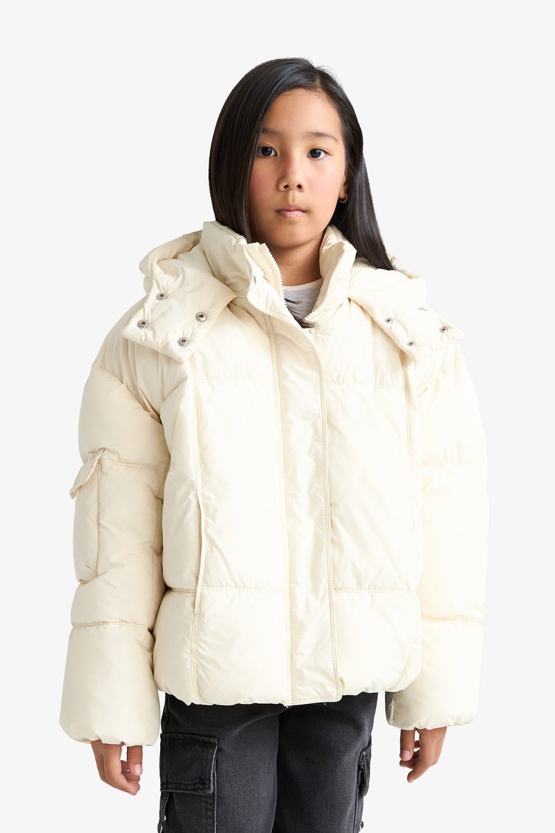 DeFacto Beige Girl Girl Hooded Zippered Puffer Jacket Casual - Image 4