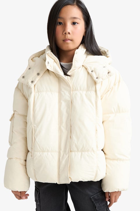 Beige Girl Girl Hooded Zippered Puffer Jacket Casual
