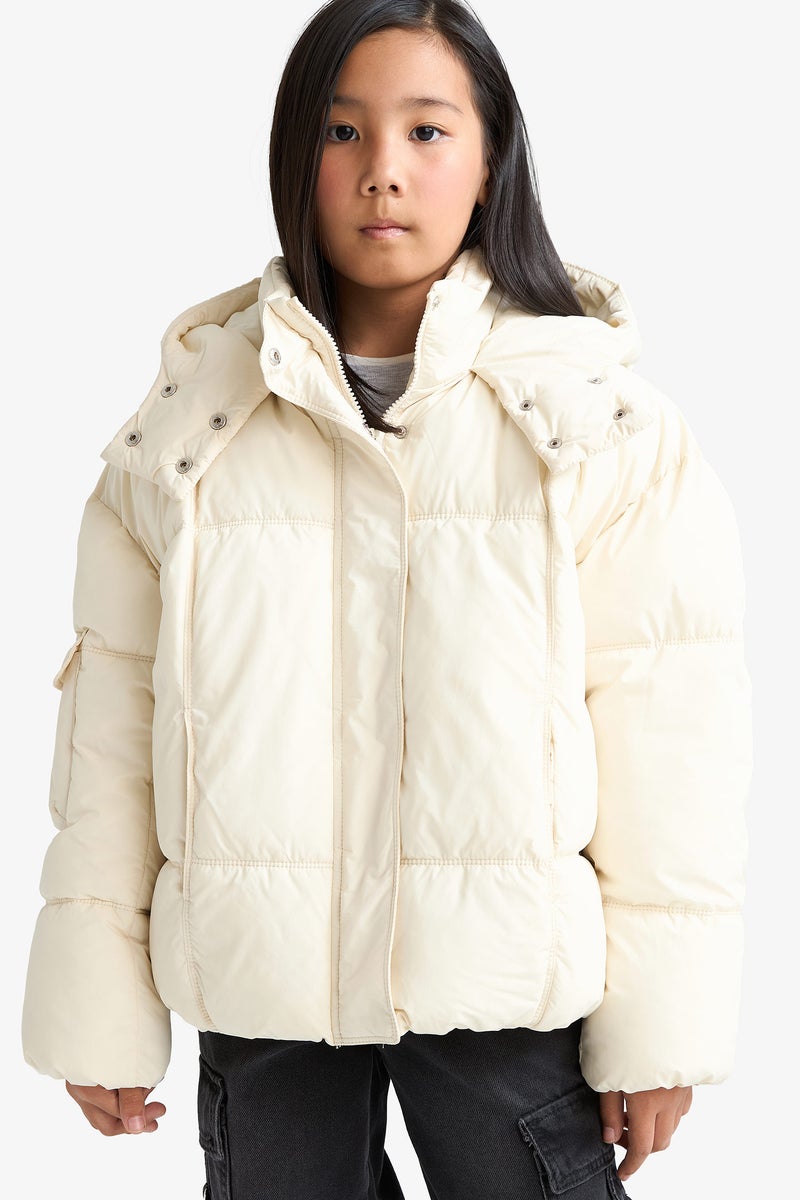 DeFacto Beige Girl Girl Hooded Zippered Puffer Jacket Casual - Image 1