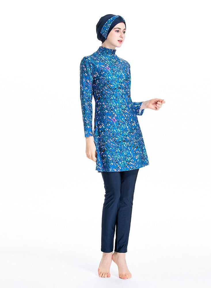 Loquat 3 Piece Conservative Women's Plus-Size Print Patchwork Pants Top Hat Swimsuit - Image 2