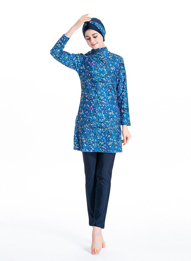 Loquat 3 Piece Conservative Women's Plus-Size Print Patchwork Pants Top Hat Swimsuit - Image 1