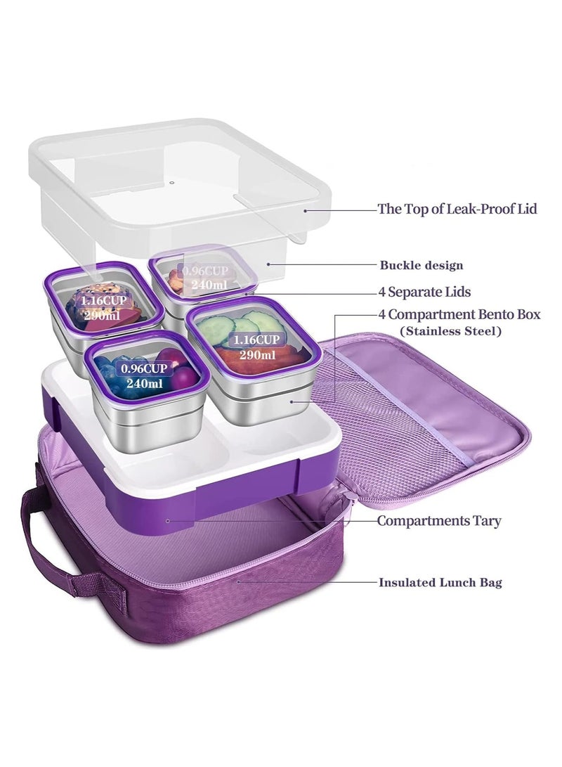 Kids School Stainless Steel Lunch Box Insulated Bento Lunch Box with Storage Bag 4 Compartments Divided Lunch Container with Lid  (Purple 1060ML) - Image 2