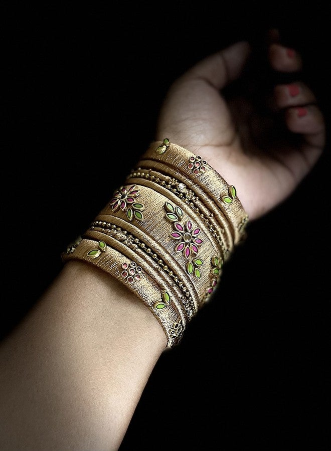 Yaalz Silk Thread Kundan Worked Metal Mix Traditional Fancy Designer Festival Wear Bridal Bangle Set/Wedding Chuda In Gold_Pink_Green Colors - Image 4