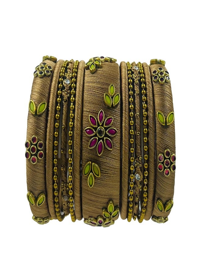 Yaalz Silk Thread Kundan Worked Metal Mix Traditional Fancy Designer Festival Wear Bridal Bangle Set/Wedding Chuda In Gold_Pink_Green Colors - Image 1