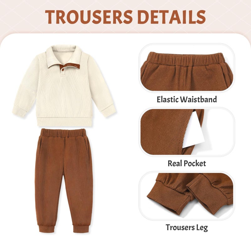 YUEMION 2-3T Toddler Boy Clothes 2PCS Fall Winter Baby Boy Outfit Long Sleeve Solid Sweatshirt +Pants Sweatsuit Clothing Set (Apricot + brown) - Image 3
