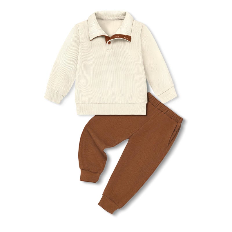 YUEMION 2-3T Toddler Boy Clothes 2PCS Fall Winter Baby Boy Outfit Long Sleeve Solid Sweatshirt +Pants Sweatsuit Clothing Set (Apricot + brown) - Image 1