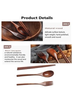 Generic ملعقة شوكة خشبية من ثلاث قطع، أدوات مائدة محمولة للسفر، أواني طعام لطيفة  - Image 3