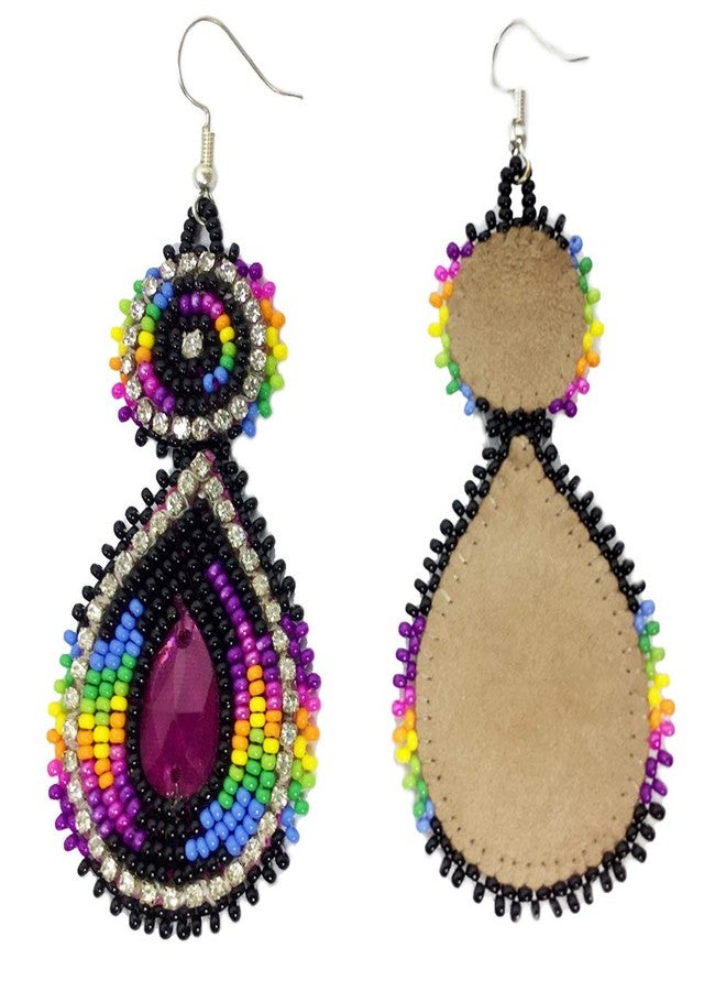 BeadsCorner Handmade Seed Beaded Teardrop Hook Earrings (Purple Black) - Image 3