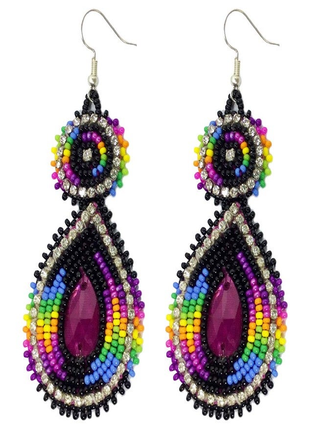 BeadsCorner Handmade Seed Beaded Teardrop Hook Earrings (Purple Black) - Image 1