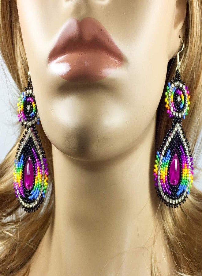 BeadsCorner Handmade Seed Beaded Teardrop Hook Earrings (Purple Black) - Image 2