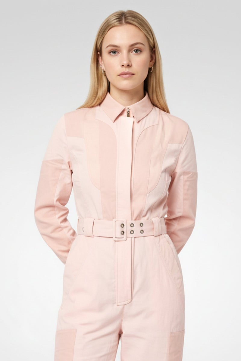 STELLA MCCARTNEY Women Textured Long Sleeve Belted Jumpsuit, Pink - Image 3