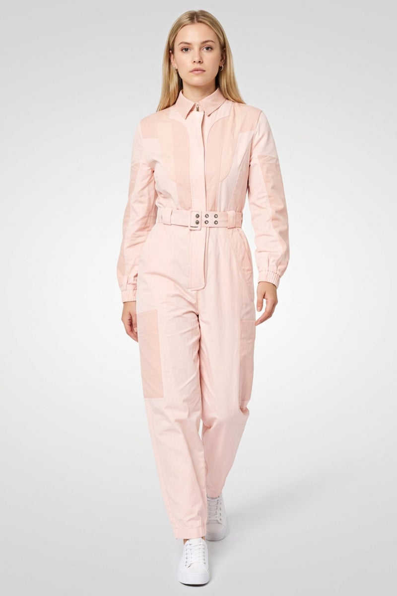 STELLA MCCARTNEY Women Textured Long Sleeve Belted Jumpsuit, Pink - Image 1