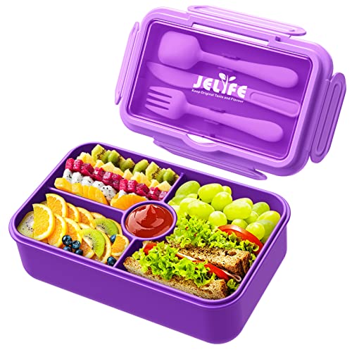 Jelife Lunch Box Kids Bento Box - Large Bento-Style Leakproof 4 Compartments Kids Lunchbox Food Containers with Utensils for Back to School, Reusable On-the-Go Meal and Snack Packing, Purple - Image 1