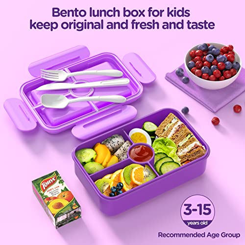 Jelife Lunch Box Kids Bento Box - Large Bento-Style Leakproof 4 Compartments Kids Lunchbox Food Containers with Utensils for Back to School, Reusable On-the-Go Meal and Snack Packing, Purple - Image 2