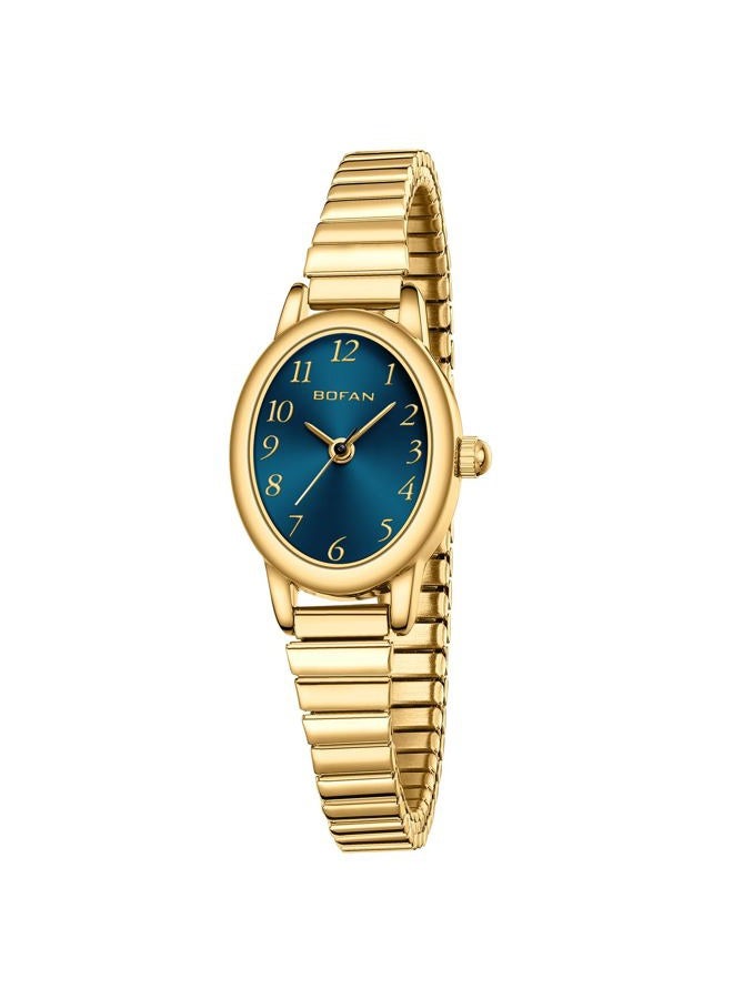 BOFAN Small Gold Watches for Women Easy Read Ladies Quartz Wrist Watch with Stainless Steel Expansion Band,Waterproof., Blue-Gold, 6.10in-6.89in, Classic - Image 1